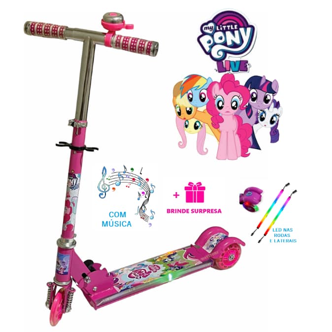 Patinete Infantil Musical My Little Pony Rosa Menina 3 Rodas Luz LED nas Rodas Laterais Freio Buzina
