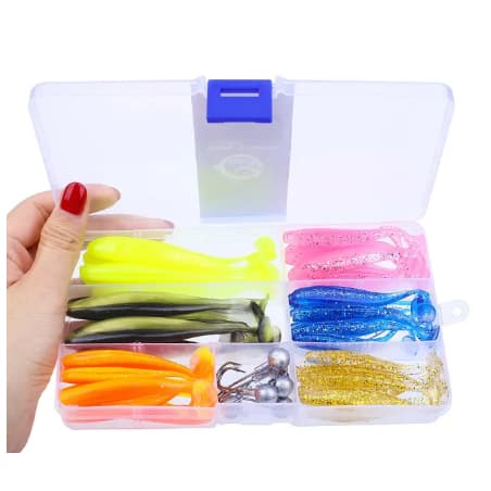 KIT COM 42 ISCAS SLOW SHAD / BOMBER SWIN + 6 ANZÓIS COM JIG HEAD + CAIXA ORGANIZADORA PARA PESCA