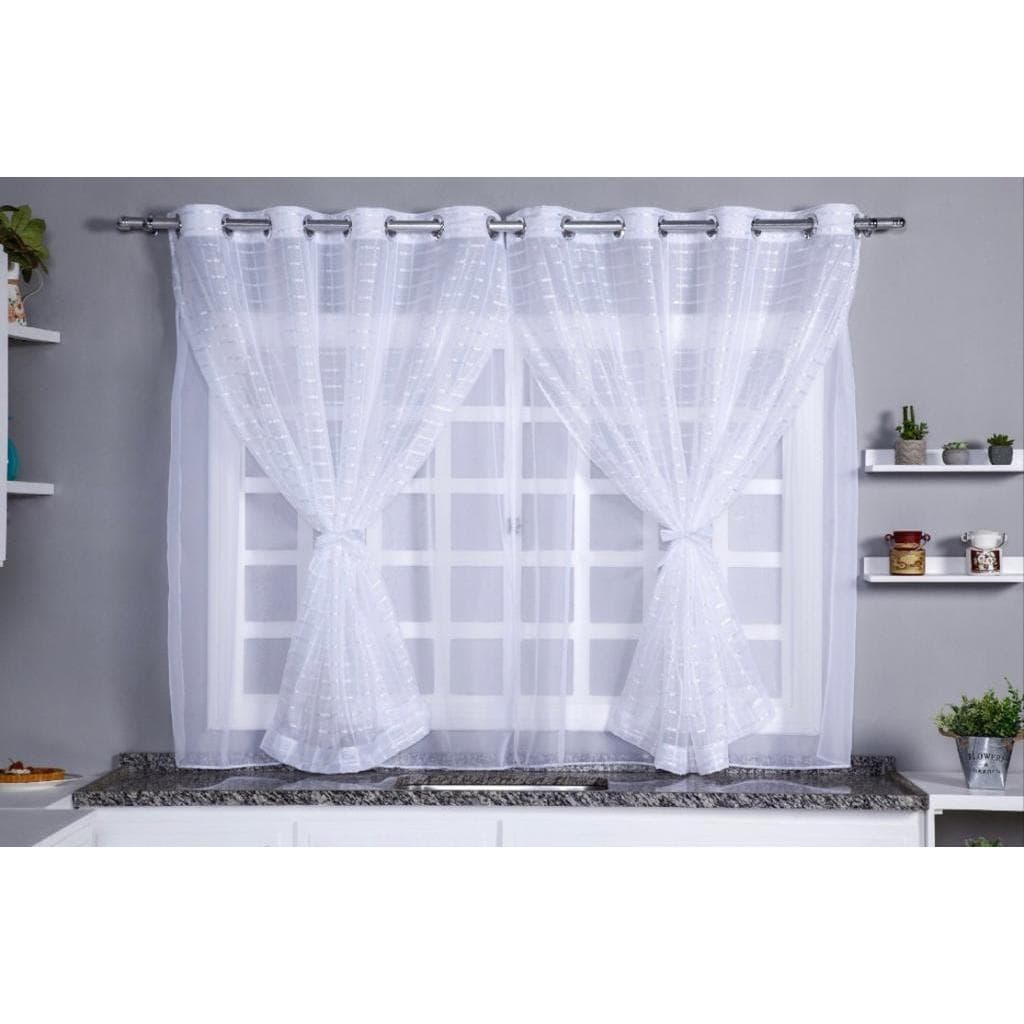 Cortina branca para cozinha voal duplo liso e xadrez delicada 2,70x1,40