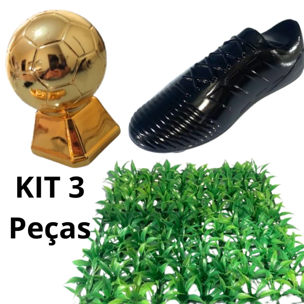KIT Futebol Decoração Troféu Bola De Ouro + Chuteira Preta + Grama Artificial