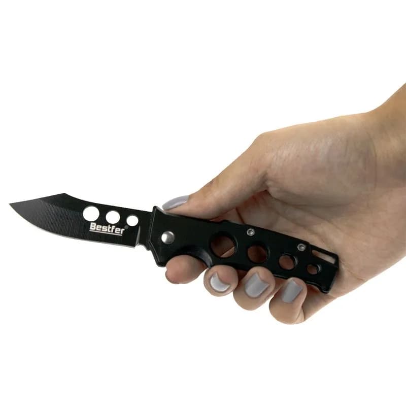 Canivete Bestfer Camping Dobravel Inox Preto 15.3CM - Lâmina 2mm