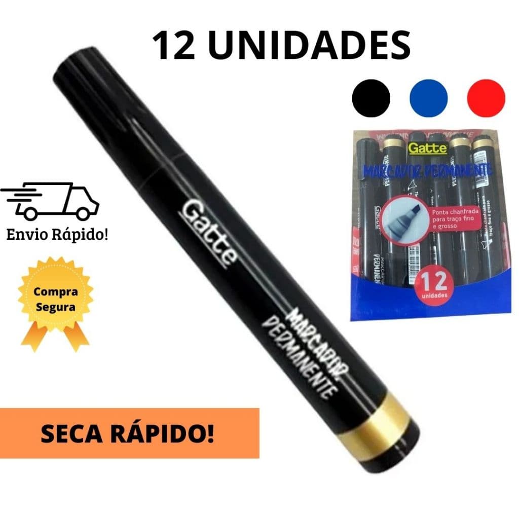 Caneta Marcador Permanente Pincel Atômico Preta Azul Vermelha - 12 unidades