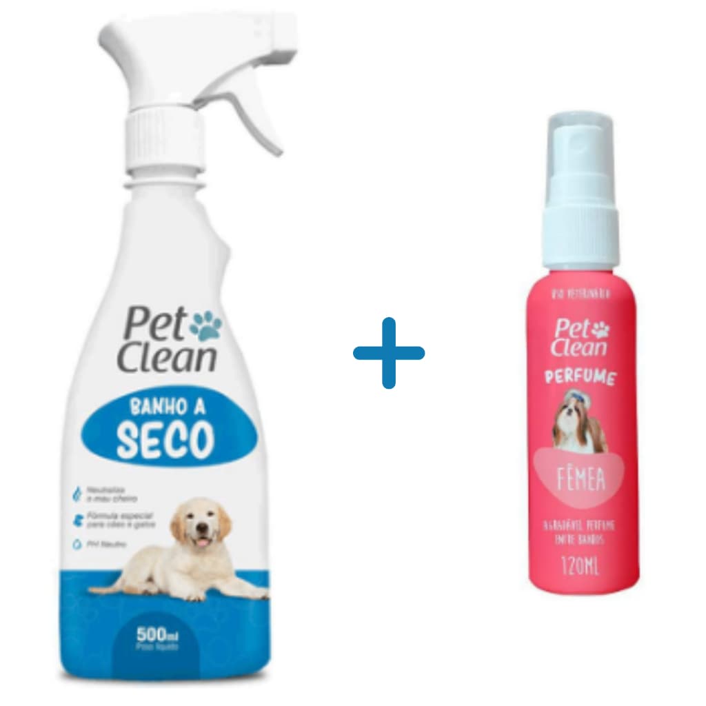 Kit Banho a Seco Cães Cachorro e Gatos Pet Clean 500ml + Perfume Colônia Banho e Tosa 120ml Fêmea