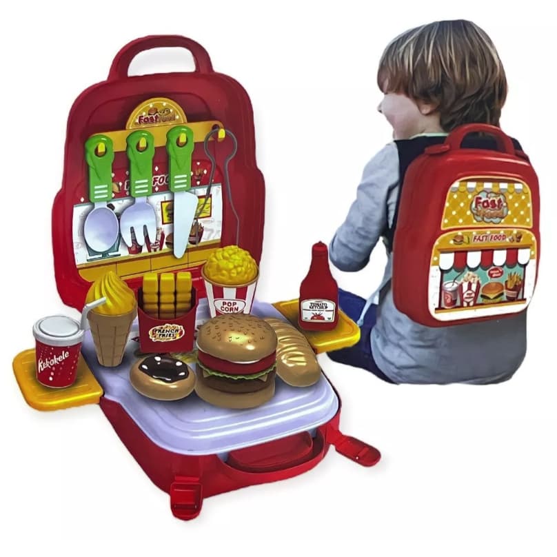 kit Maleta Fast Food De Brinquedo 3 Em 1 Mochila com 29 Peças