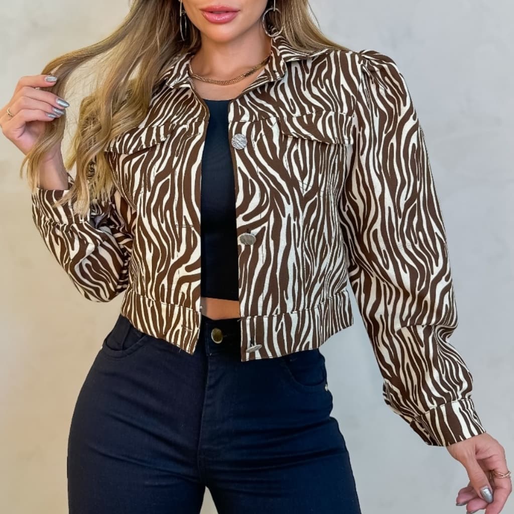 Jaqueta Curta Animal Print com Ombreiras HQ6199