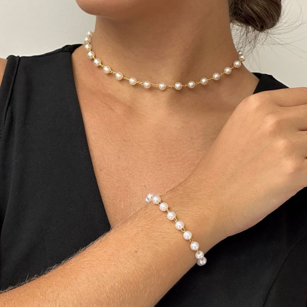 Colar e Pulseira Pérola Bolinha Banhado a Ouro 18k