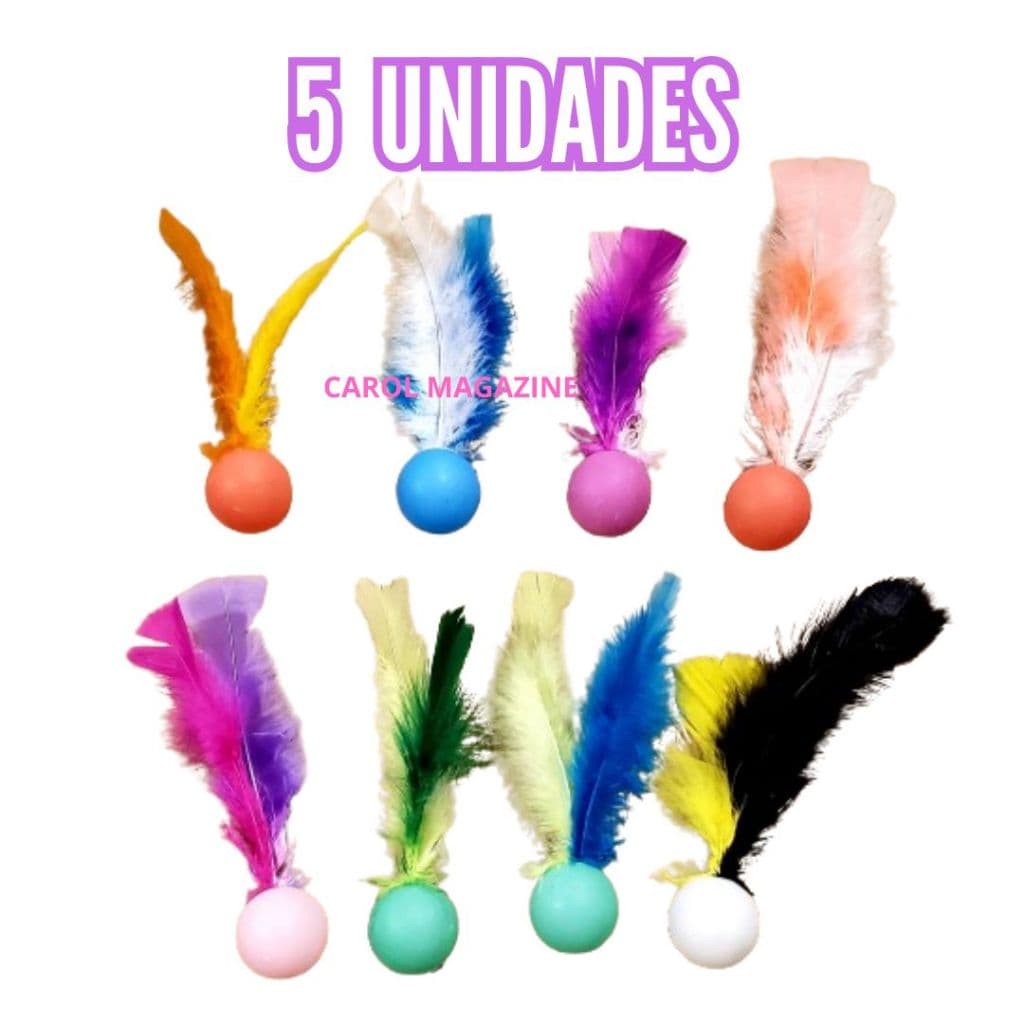 Brinquedo Para Gato Bola Com Peninha Ping Plumas 5 Unidades