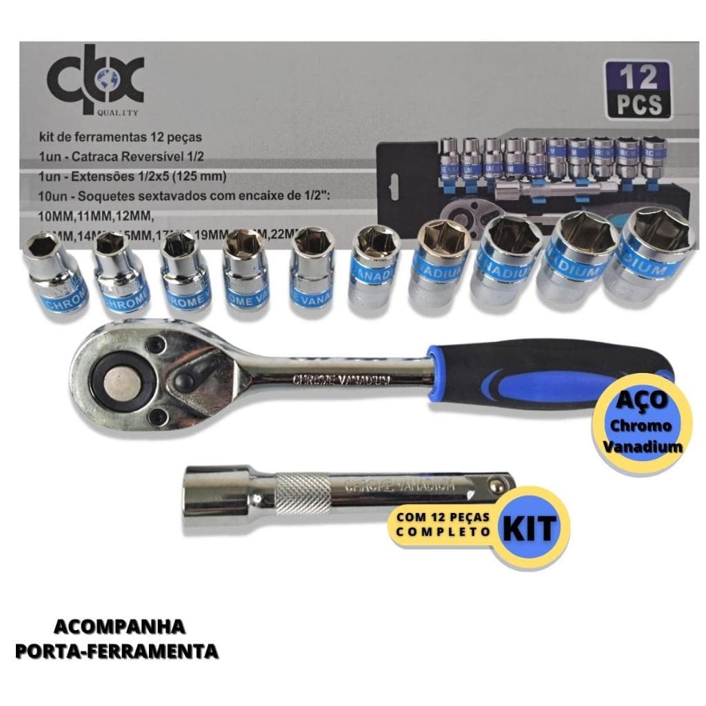 Jogo De Soquete Sextavado 1/2 Com Catraca 12 Peças Com Extensão 10-22 mm