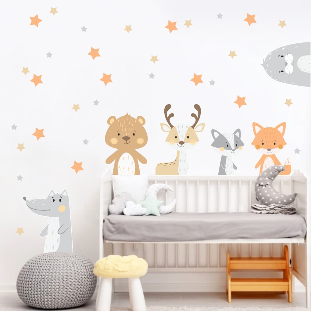 Adesivo de parede Infantil Bichinhos Bebê Safari Boho estrelas decoração quartinho