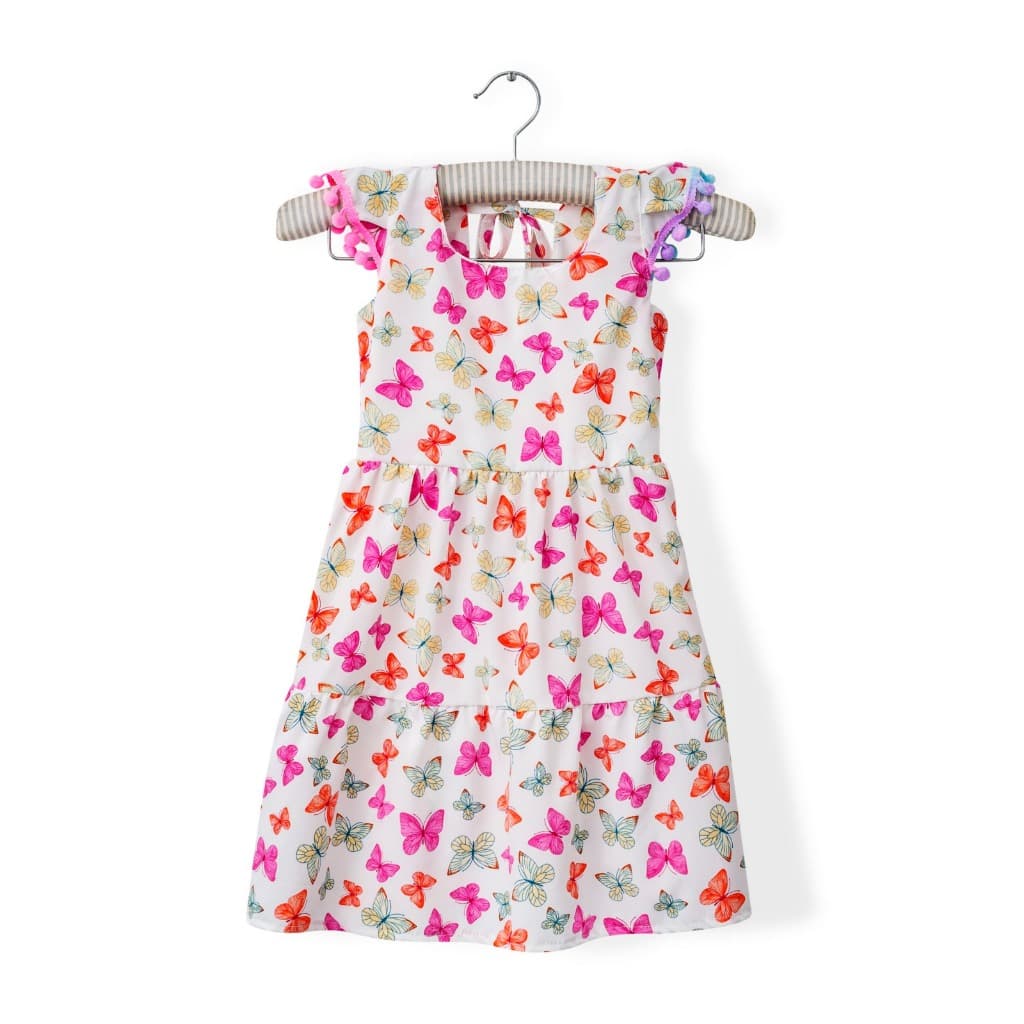 Vestido Infantil Borboletinhas Coloridas Com detalhes de Pompons Coloridos + Bolsinha Lindo!!