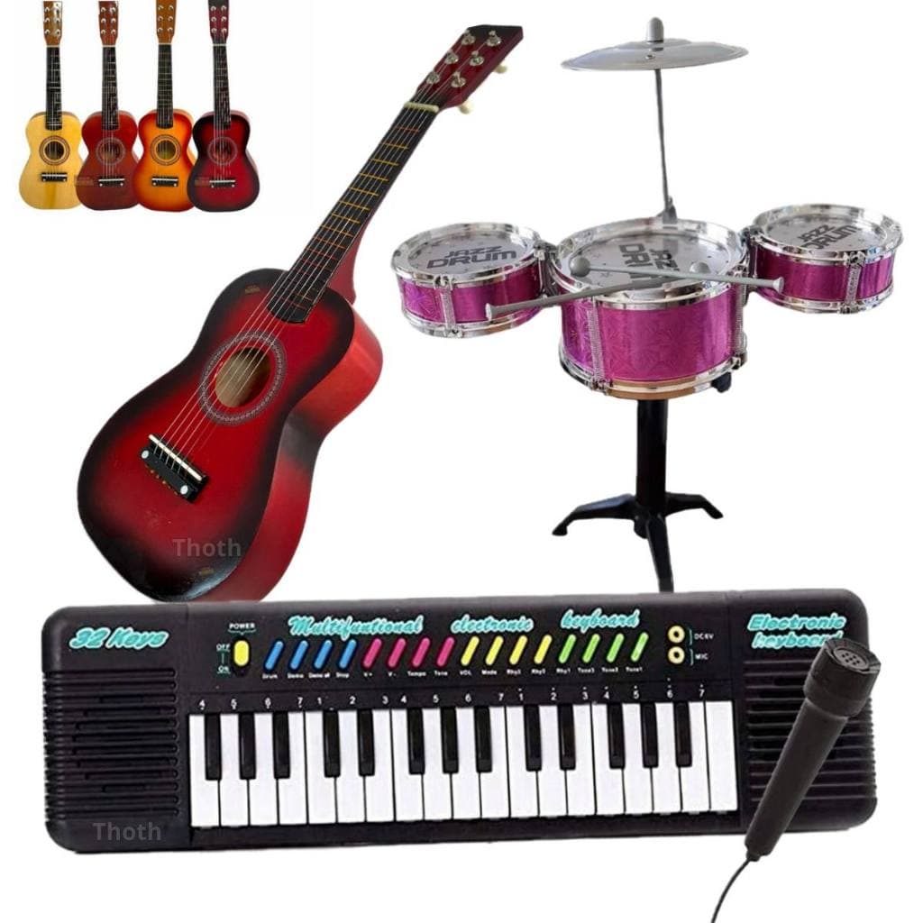 Kit Viola Madeira Teclado Bateria Infantil Violão Microfone Instrumentos musicais Brinquedos