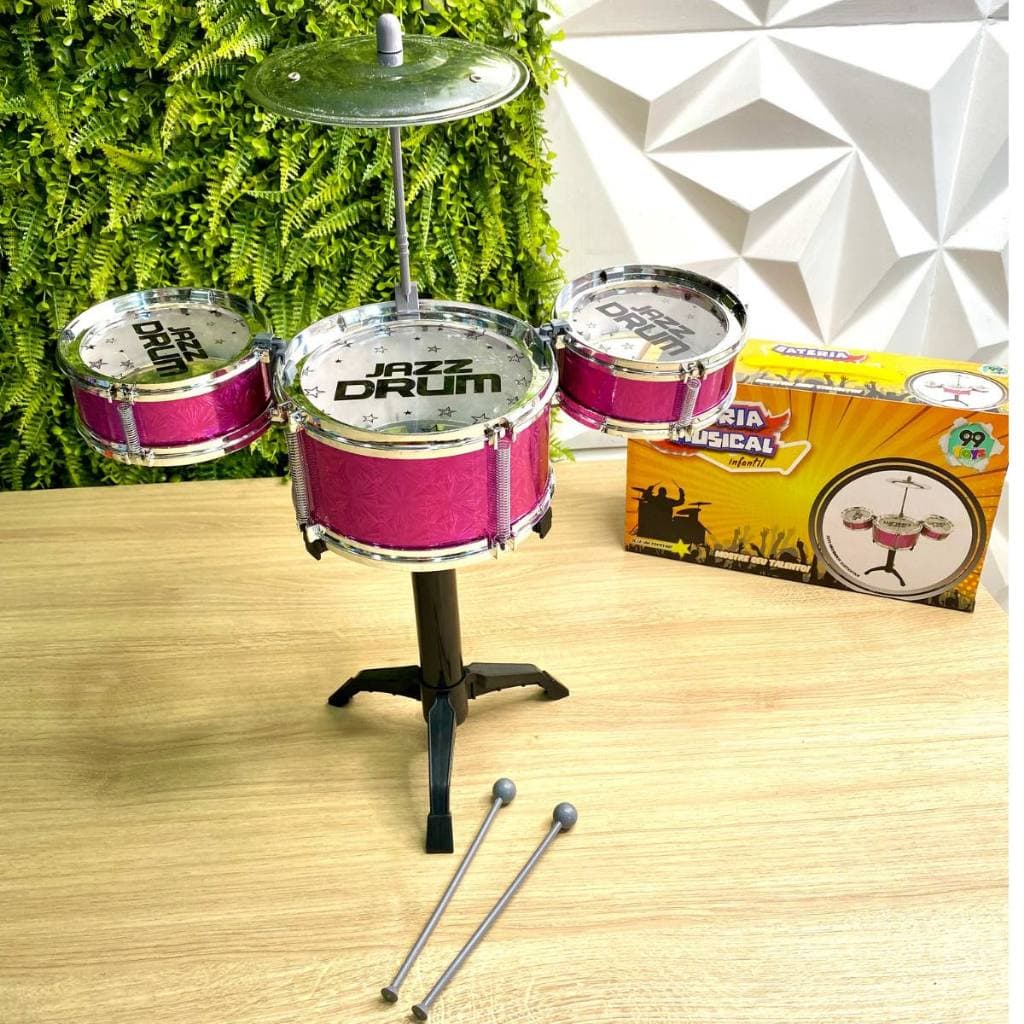 Bateria Musical Infantil Mini Jazz Drum Tambor Baquetas Prato Brinquedo Educacional