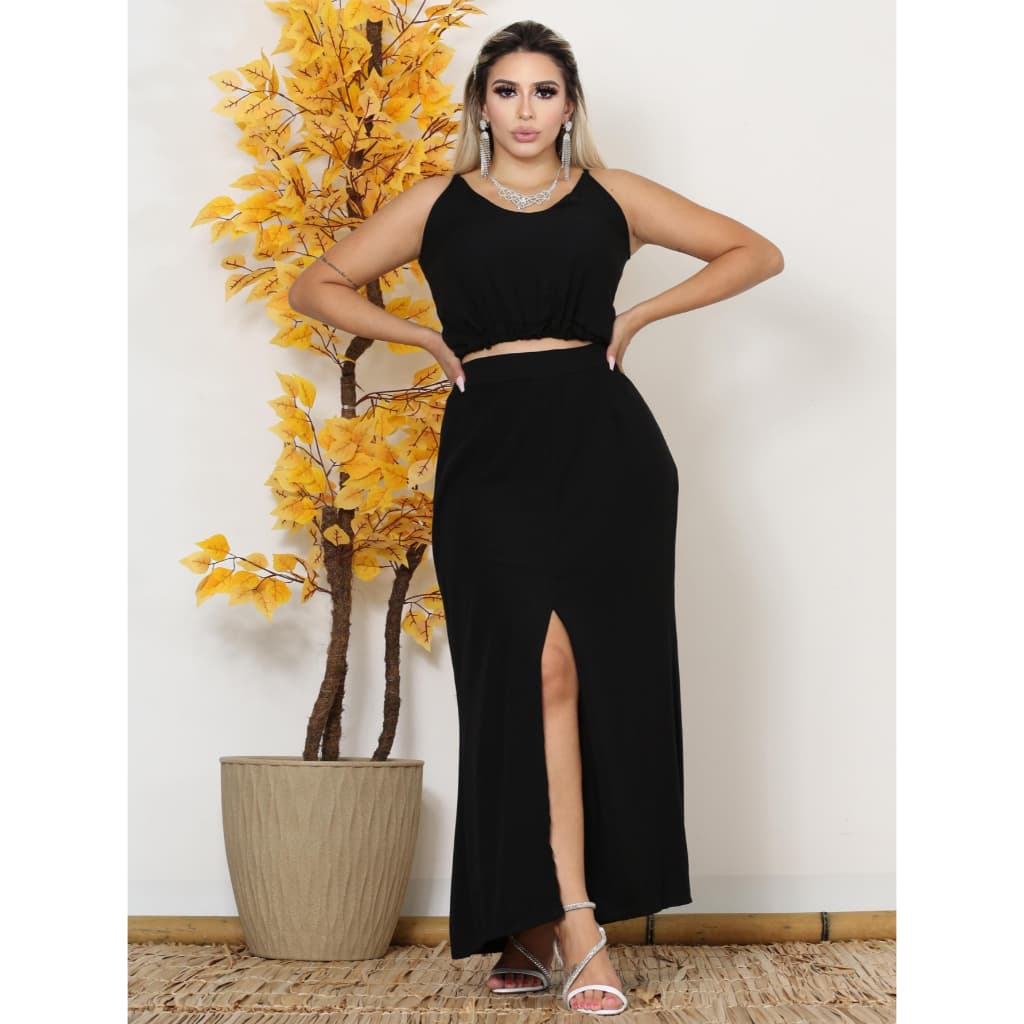 CONJUNTO FEMININO SAIA LONGA COM FENDA E CROPPED ALCINHA GOLA V SOLTINHO VISCOSE