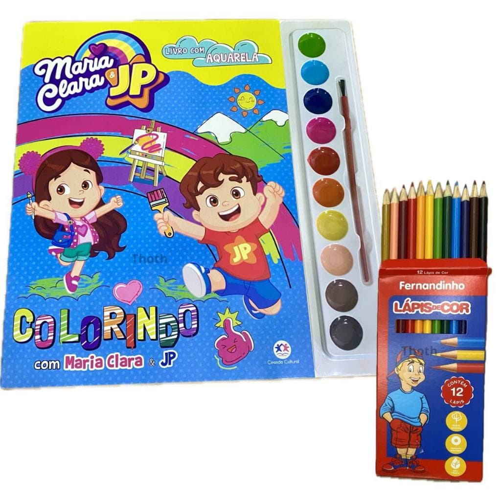 Livro Infantil Aquarela Colorindo Maria Clara e JP com Lapis de Cor Desenho para colorir