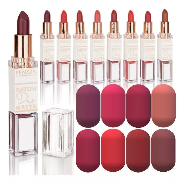 Kit Conjunto Batom Matte Com Longa Duranção Brilho DUPLO Liquido 2 em 1 Várias Cores Kit com 12 UNIDADES Fenzza com Espelho