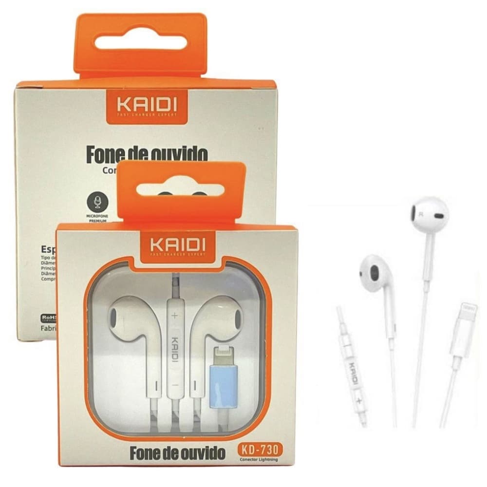 Fone de Ouvido Kaidi KD-730 Entrada Lightning Bluetooth Com Fio Iphone