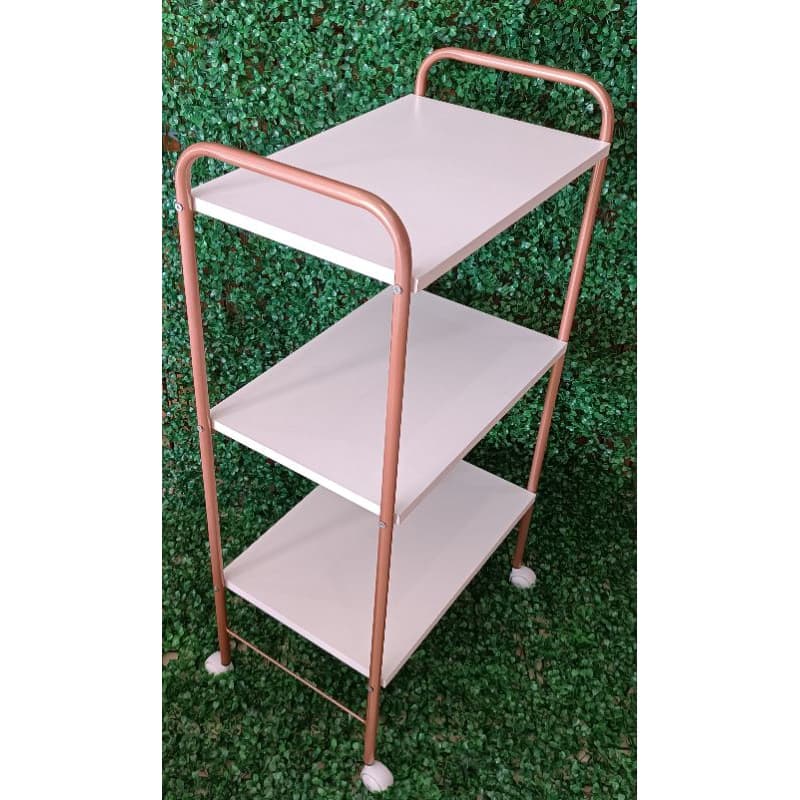 Carrinho Auxiliar 3 Prateleiras MDF Branco e Rose Gold