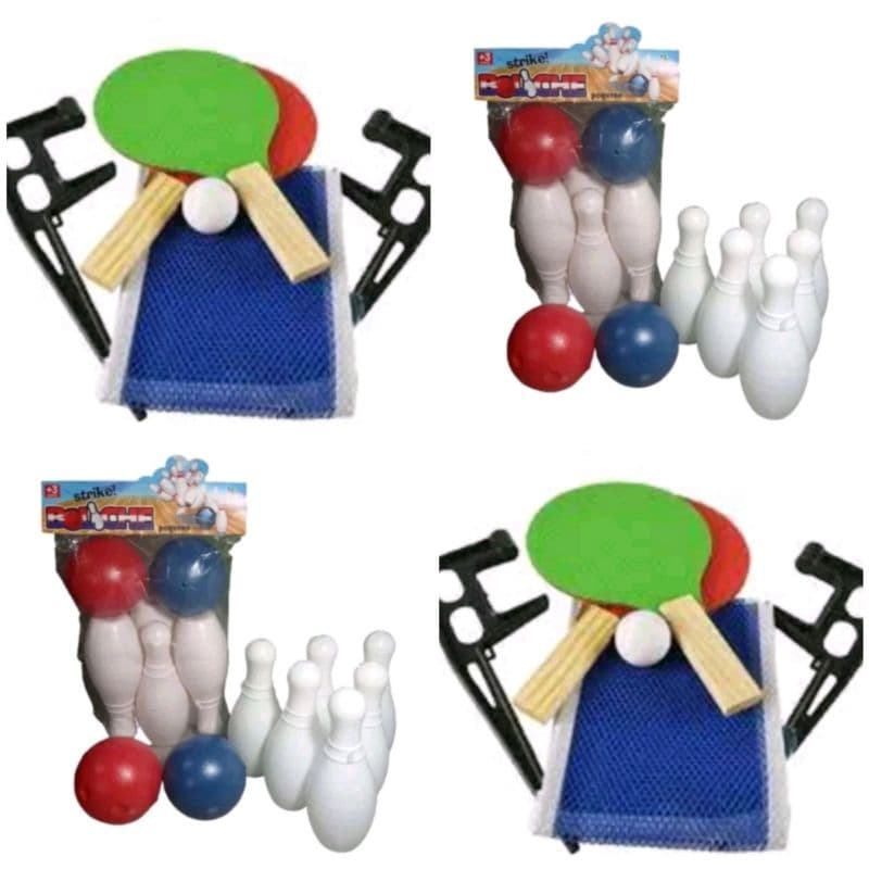 kit 2 brinquedos sendo REDE DE TENIS DE MESA E RAQUETE  PING PONG KIT COM REDE 2 RAQUETES 1 BOLINHA+mini boliche com 6 pinos e duas bolas