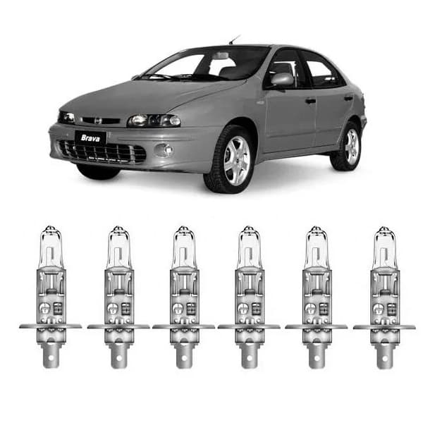 Kit 6 Lampada Farol e Milha Brava 1997 1998 1999 2000 2001 2002 2003 2004 2005 2006 2007 H1