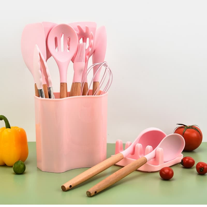 Kit C/12 Pçs Utensílios De Cozinha Colheres Espatula Silicone Cabo Madeira Decoração Promoção