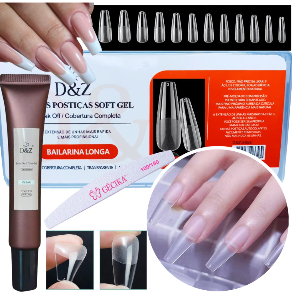 SoftGel D&Z Unhas Postiças Softgel Tip de Gel Bailarina Transparente e Cola D&Z Unha Softgel 240un
