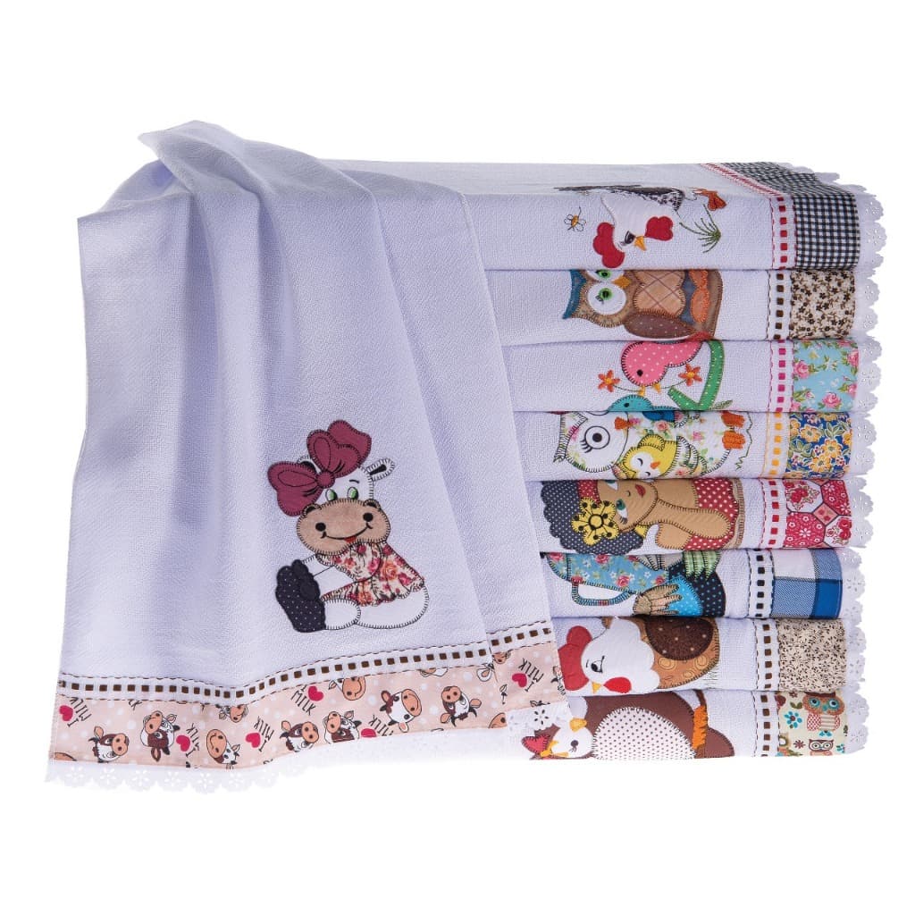 Kit Pano de Prato 100% Algodão Estampado Bordado Patchwork Pé de Galinha