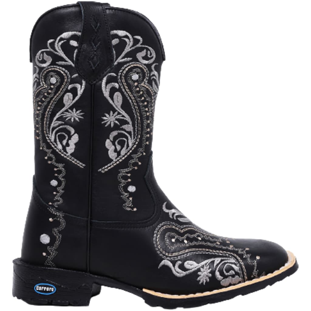 Bota Texana Feminina Em Couro Bordada Flores Sola de Borracha Bico Quadrada