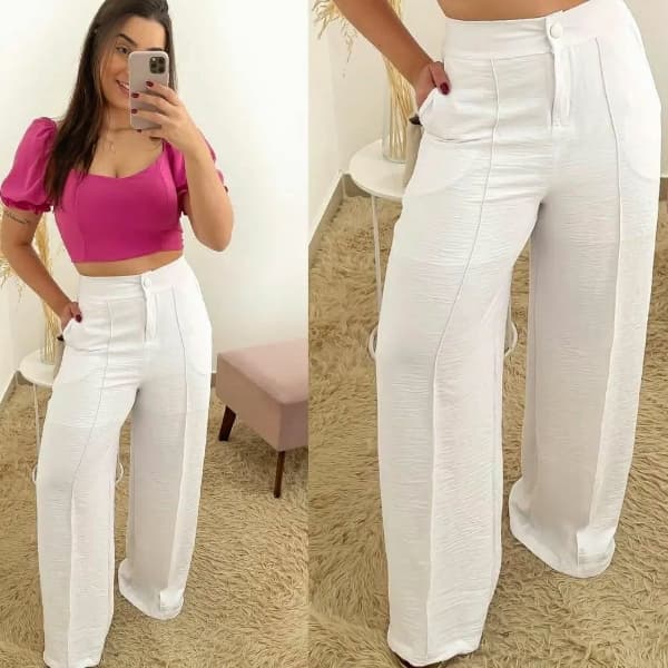 Desperte Seu Estilo com Elegância Calças Pantalona Femininas Forradas em Crepe, Largas e com Bolsos - O Segredo da Moda