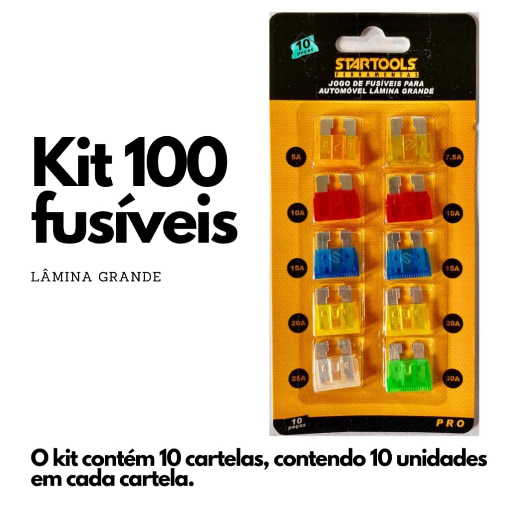 Kit de Fusivel Para Carro 100 Peças Lamina Grande Fusíveis
