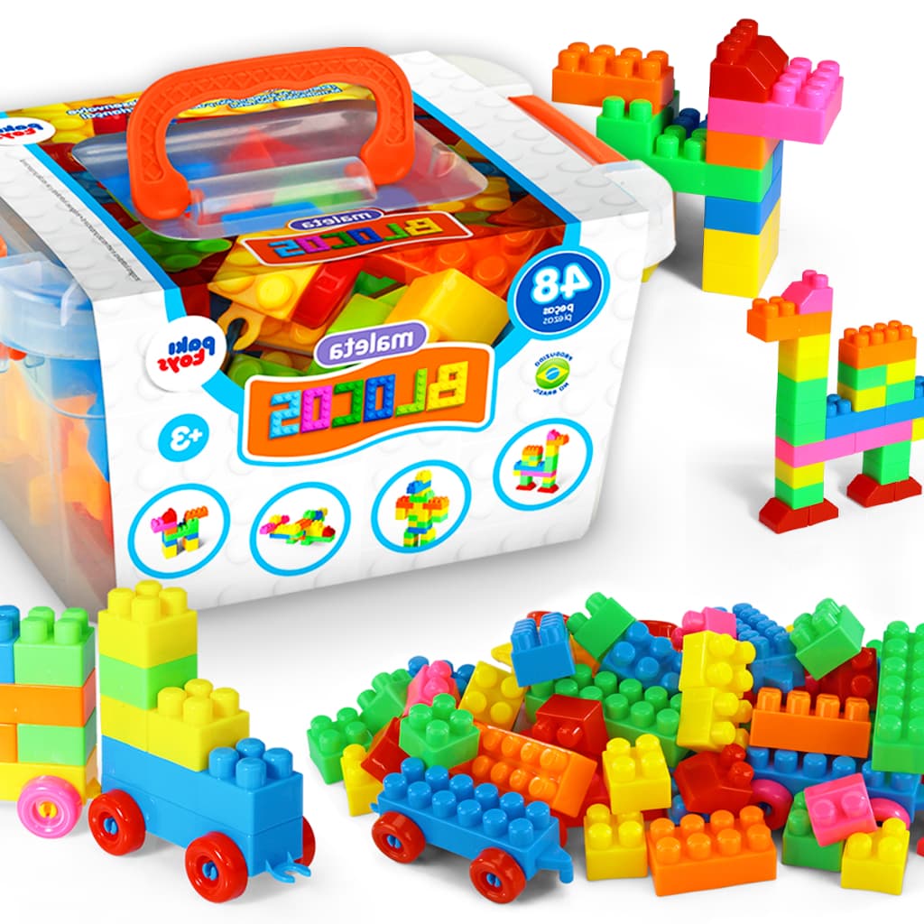Blocos de Montar Coloridos Infantil 48 Peças Maletinha Infantil Brinquedo Educativo Didático