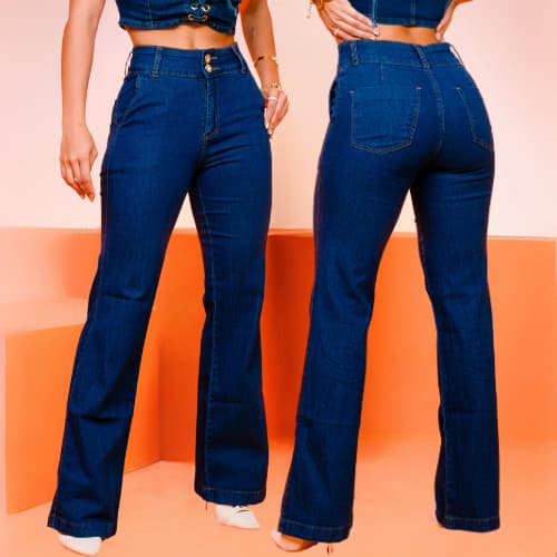 Calça Jeans Pantalona Feminina Wide Leg com Lycra Elastano ate o Tamanho Plus Size Cintura Alta