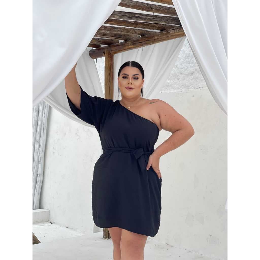 Vestido Mula Manca Feminino Plus Size Preto Tecido Duna Com Faixa