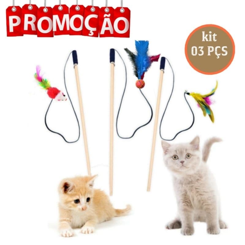 03 pçs Varinha divertida para Gatos vara, bastão, vareta para gatos com penas Ratinho brinquedo