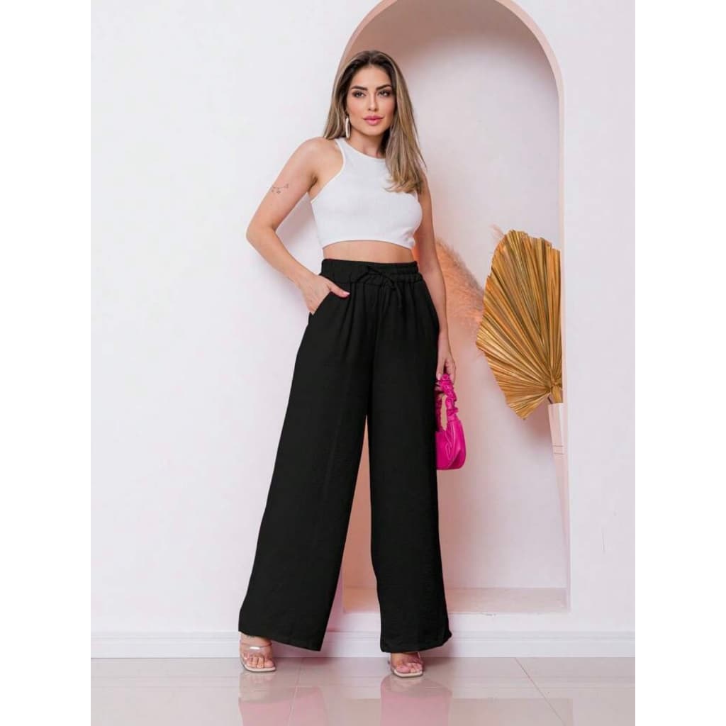 k001 Fashion Calça Pantalona Feminina Com Elástico Na Cintura Tecido Duna