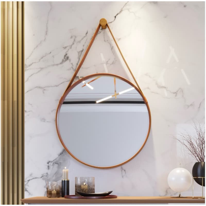 Espelho Redondo Decorativo Adnet 50/40/30cm Com Alça Em Couro Legítimo Sala Quarto Banheiro Com Suporte Para Parede