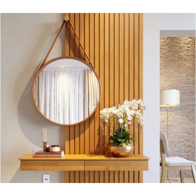 Espelho Redondo Decorativo Adnet 60cm  Com Alça Em Couro Legítimo Sala Quarto Banheiro Com Suporte Para Parede