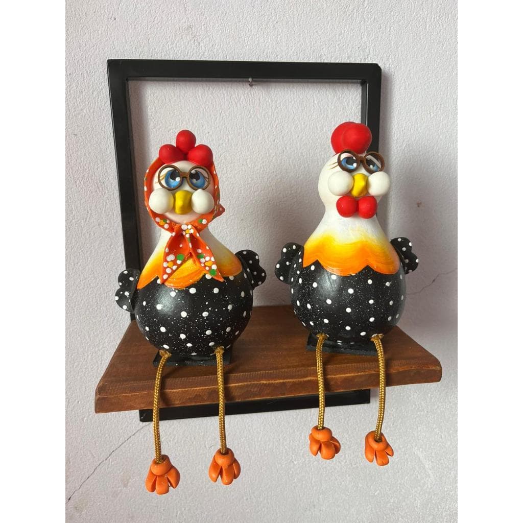 casal galinha para decoração perna de corda feito cabaça e biscuit