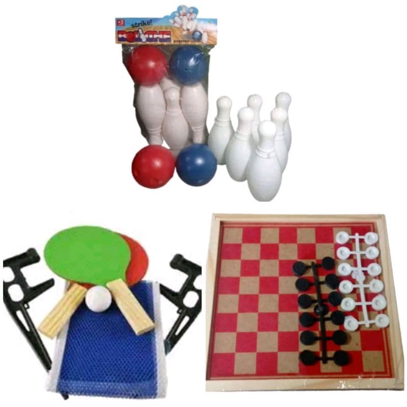 KIT 3 BRINQUEDOS SENDO REDE DE TENIS DE MESA E 2 RAQUETE  PING PONG+Mini Boliche Infantil 6 pinos 16 cm  e duas bolas+JOGO DE DAMA 28x28 CM