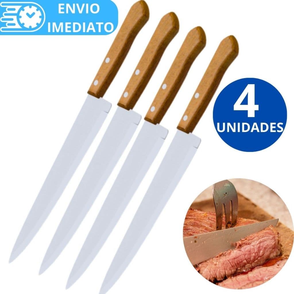 KIT 4 Faca De Cozinha Inox Profissional Tamanho 5 Do Chef Cabo Madeira para Casa Restaurante Carne Churrasco Legume