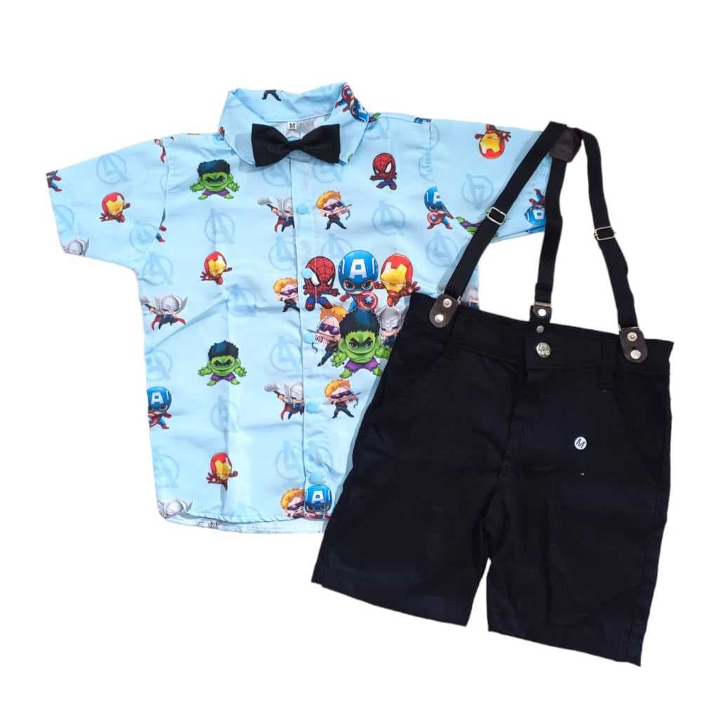 Conjunto Suspensório Bermuda Gravata Temático VINGADORES HEROIS Aniversários e Festas.