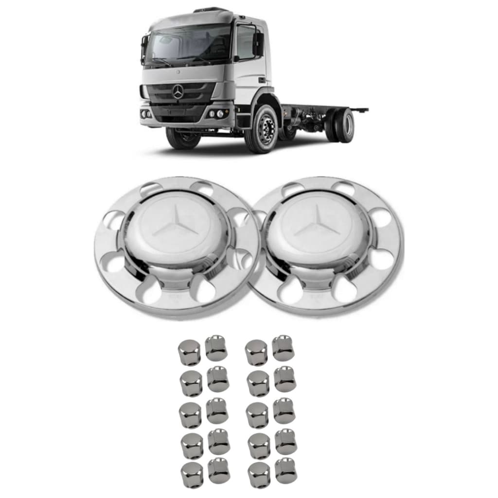 Kit Tampa Aplique Cromado Tração Cubo Caminhão MB Mercedes Atego Toco 2x2 1719 1729 1418 1419 + Capa de Porca