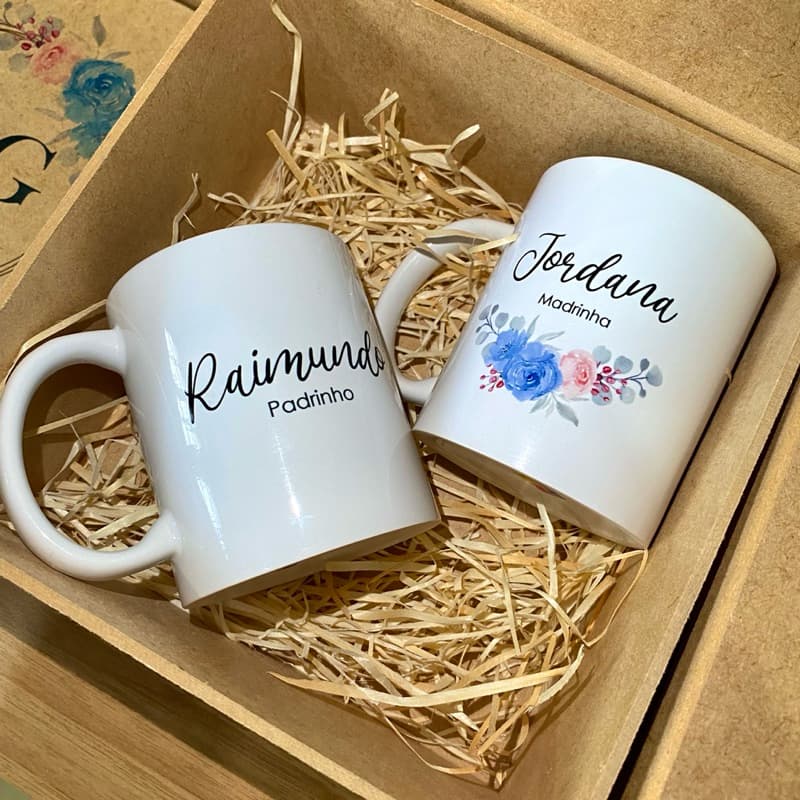 Convite Casamento Personalizado Padrinhos Caneca e Caixa Floral Com nome