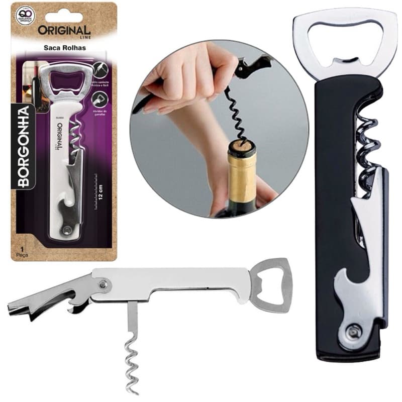 Saca Rolhas Abridor de Garrafas de Vinho Saca Rolhas de Inox 3 em 1 Linha Borgonha 12CM na Cartela