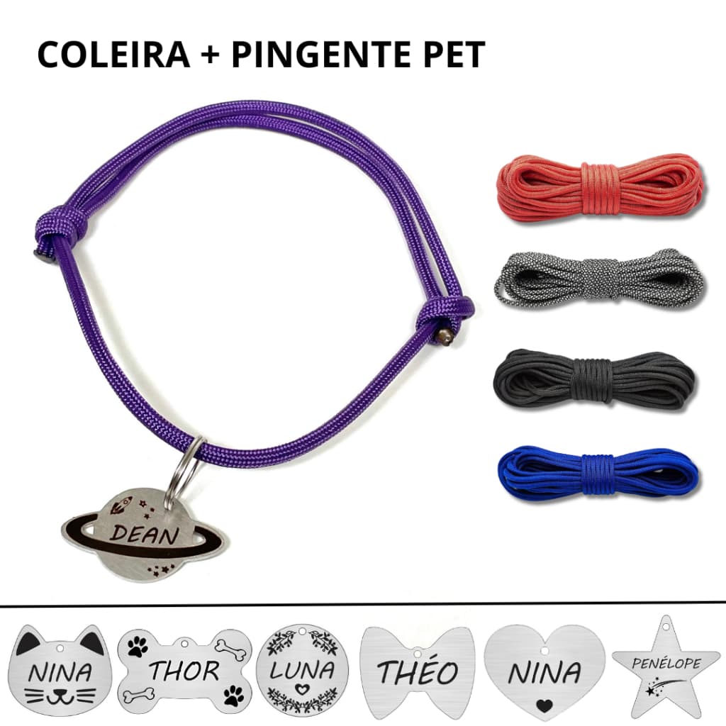 Plaquinha de identificação Pet + Coleira para cachorro Com nome Shitzu Pug Golden