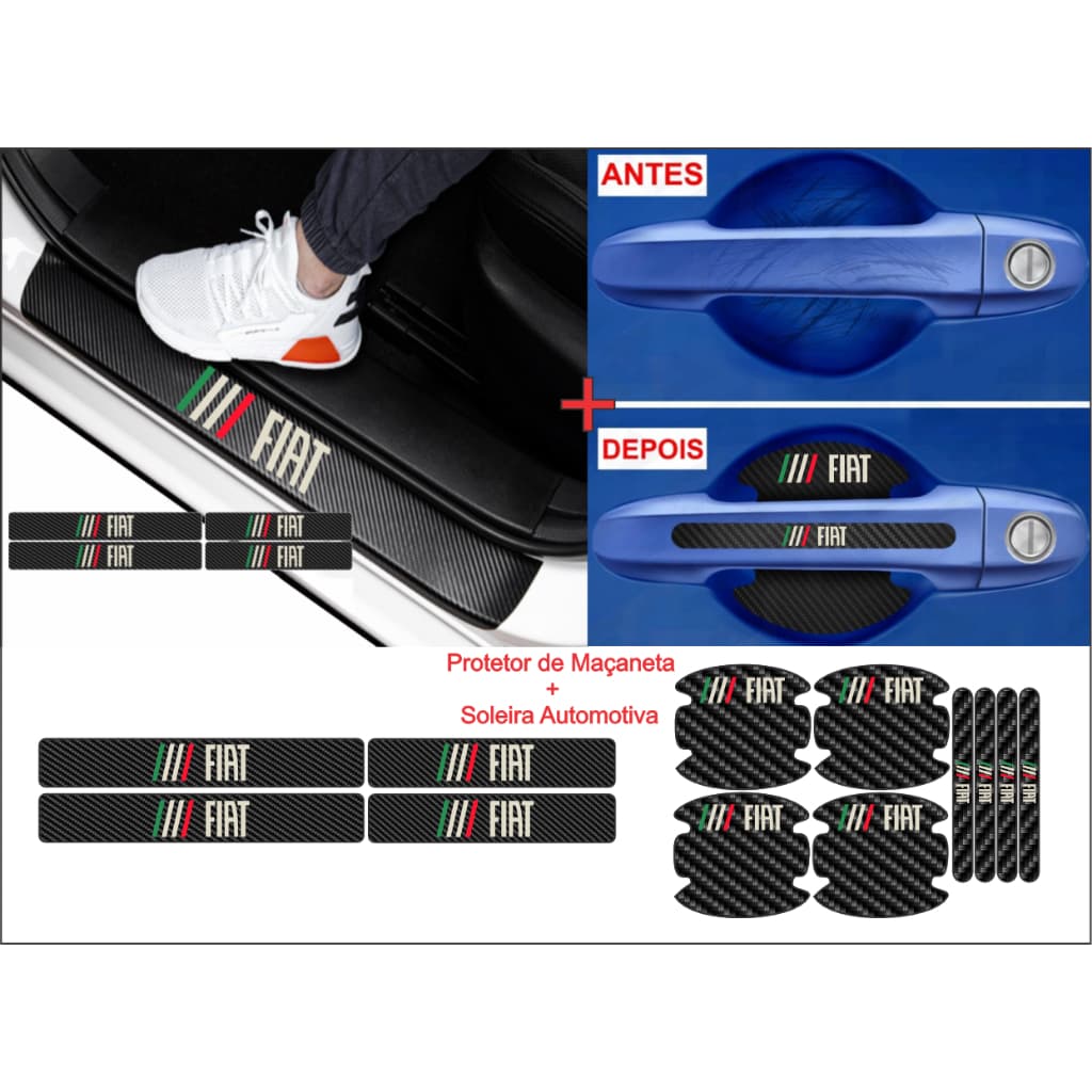 Kit FIAT Soleira Automotiva e Protetor Maçaneta de Porta Efeito Fibra de Carbono Carro Anti Arranhões Universal Todos os Carros Argo cronos toro palio uno strada mobi pulse bravo punto siena e outros