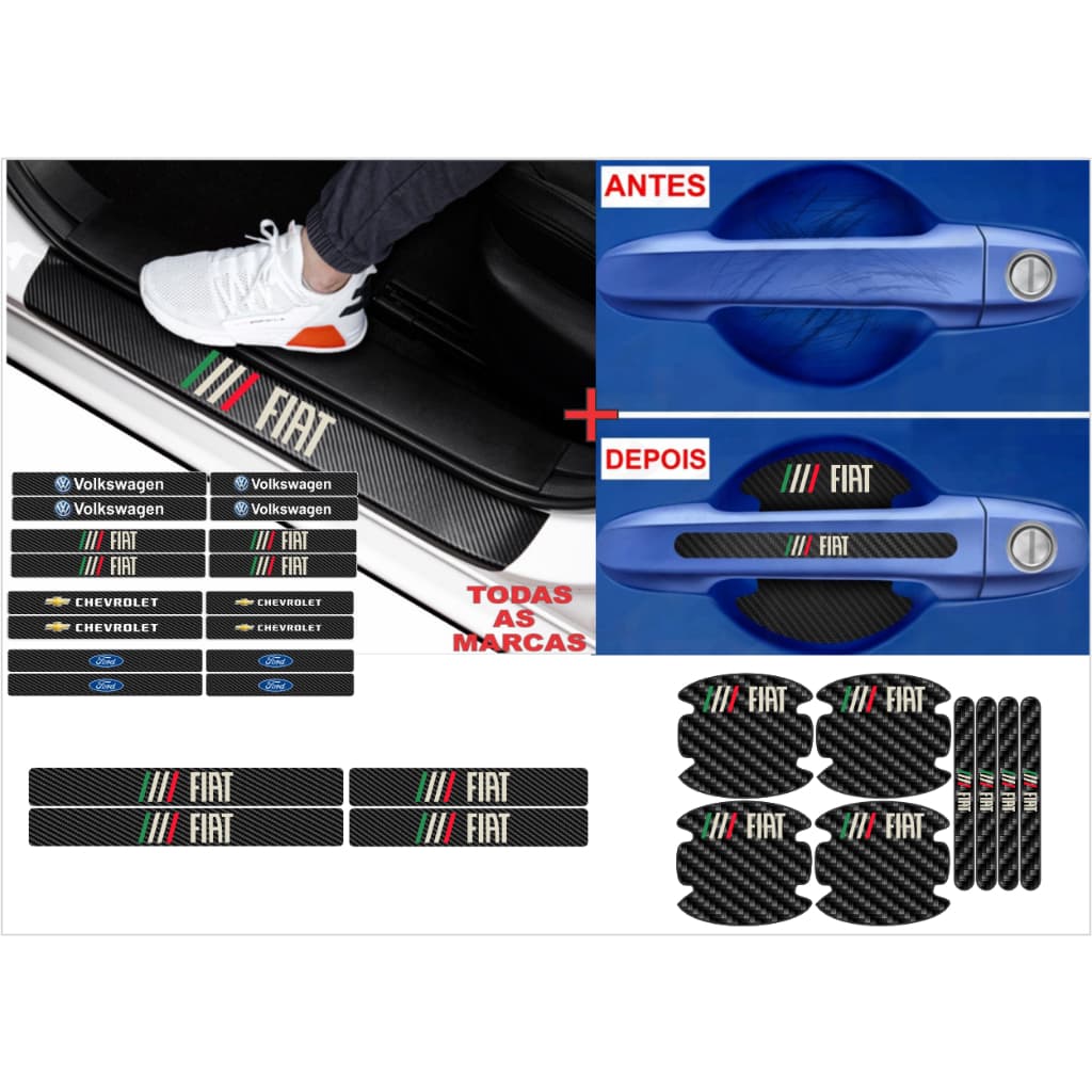 Kit Soleira Automotiva e Protetor Maçaneta de Portas TODAS AS MARCAS Efeito Fibra de Carbono Carro Anti Arranhões Universal Todos os Carros