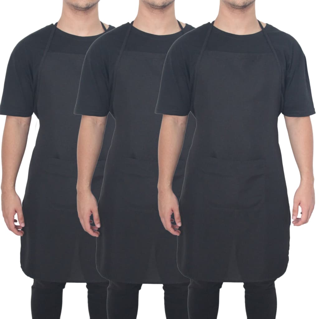 Kit de Três Aventais Preto de Cozinha e Churrasqueiro Tecido Oxford unissex Bolso Grande