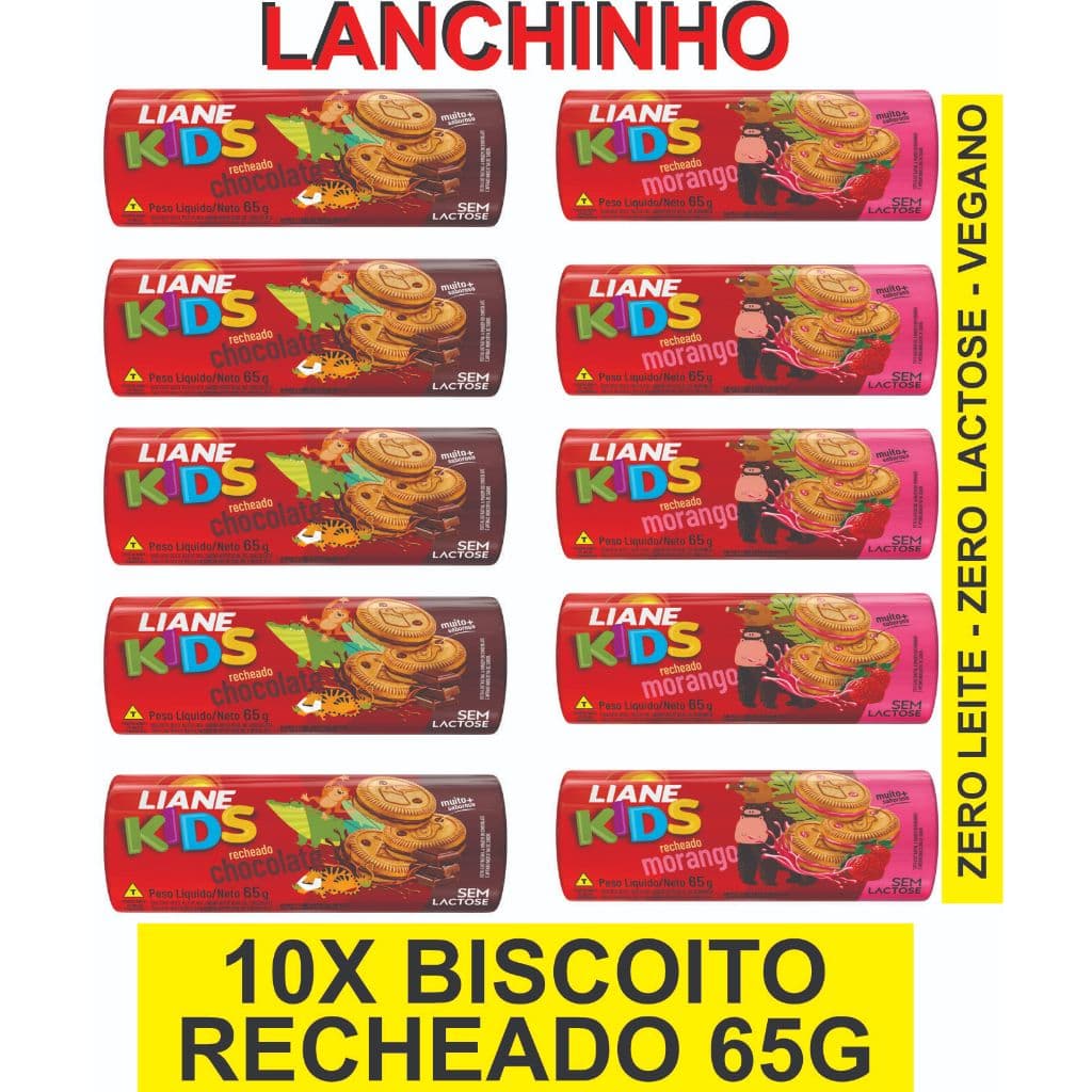 10X Biscoito Recheado Liane Zero Lactose 65g Chocolate ou Morango | Lanchinho | Sem Leite | Vegano