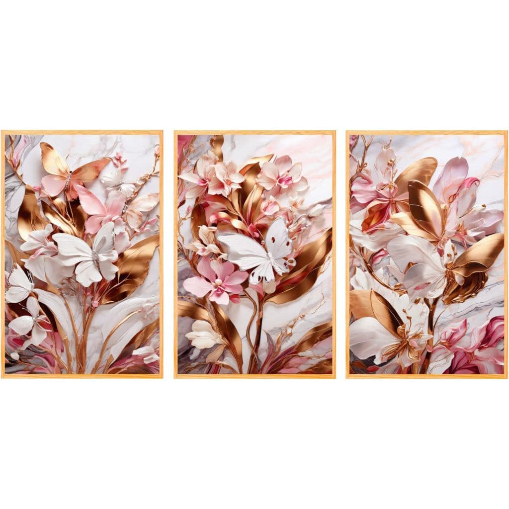 Quadro decorativo para quartos e sala flores e borboletas rosa 3 peças(TULIPA ROSA)