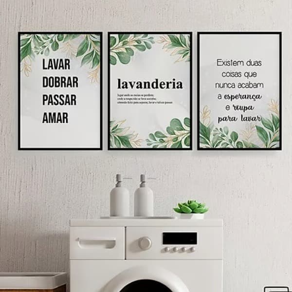 Quadro decorativo kit 3 peças lavanderia lavar passar amar galhos verdes